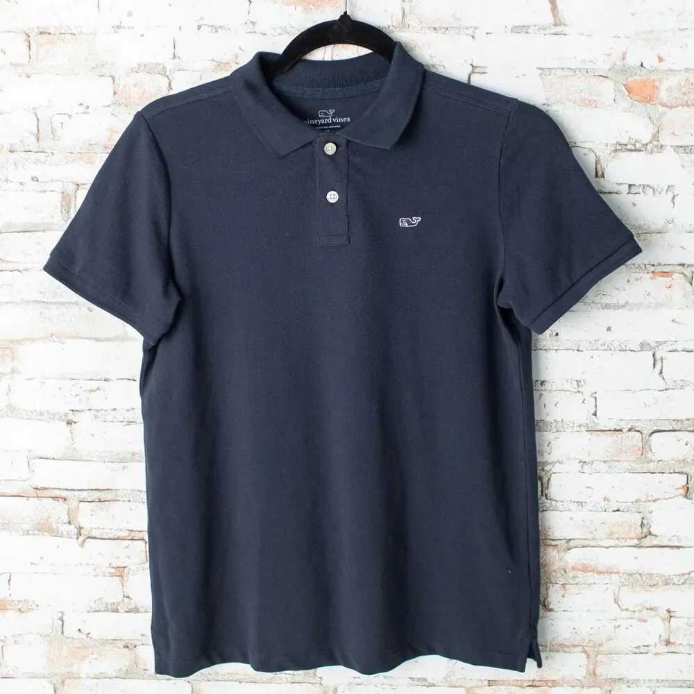 Vineyard Vines Boys M 10-12 Navy Blue Polo Shirt Whale Logo 100% Cotton